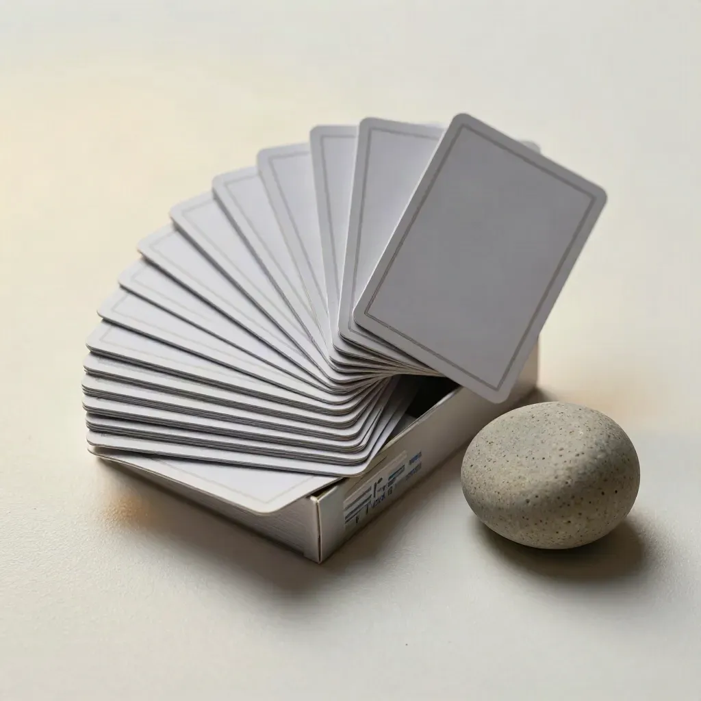 Cream strategy cards fan from a slim box beside a smooth stone on pale plaster, overhead and luminous.