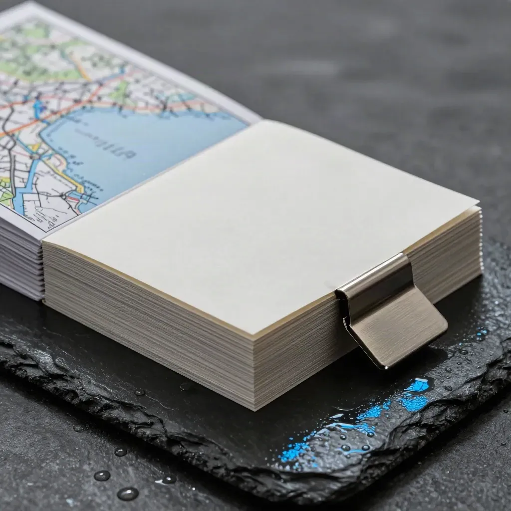 Blank message cards, map folio, and metal clip on wet slate with blue reflections.