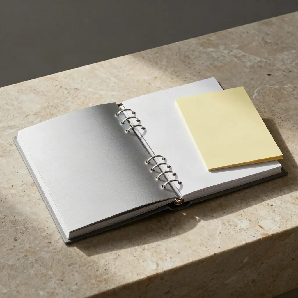 Open brushed-aluminum brief binder with blank sheets, translucent tabs, and soft yellow accents on stone.