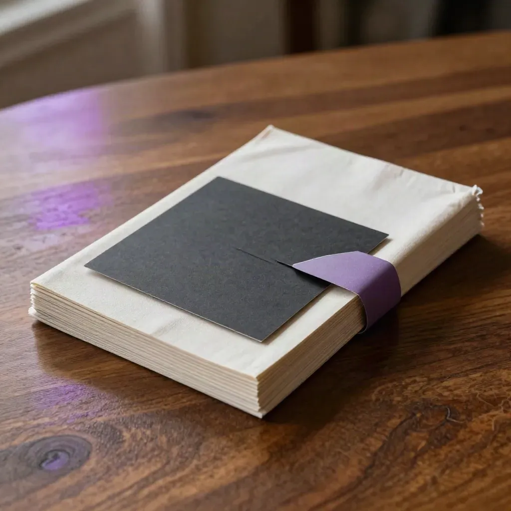 Open copy pack with blank sheets, folded cards, and cloth wrap on a brushed oak table.