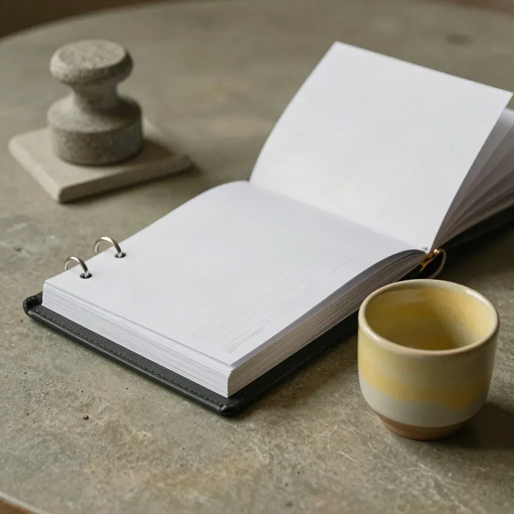 Ring-bound host guide binder, blank cards, ceramic cup and stone weight on a dusty stone slab.