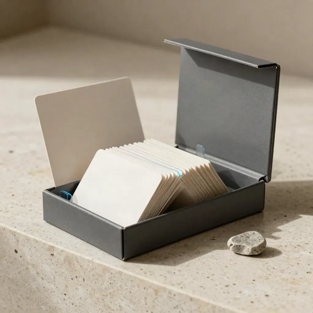 Charcoal naming kit box with blank cards, translucent dividers, and a stone chip.