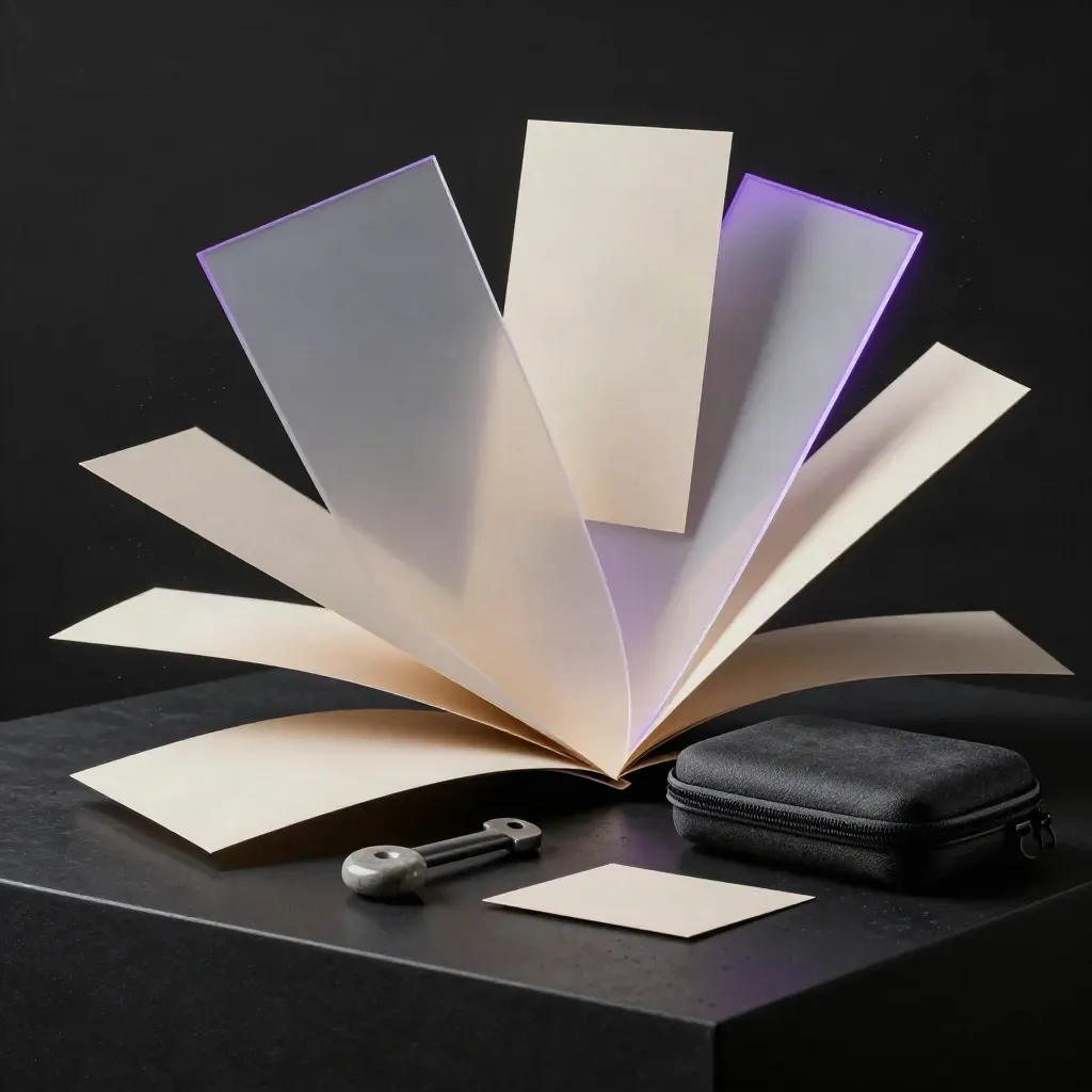 Exploded idea sprint kit on black surface with cards, acetate sheets and stone weight.