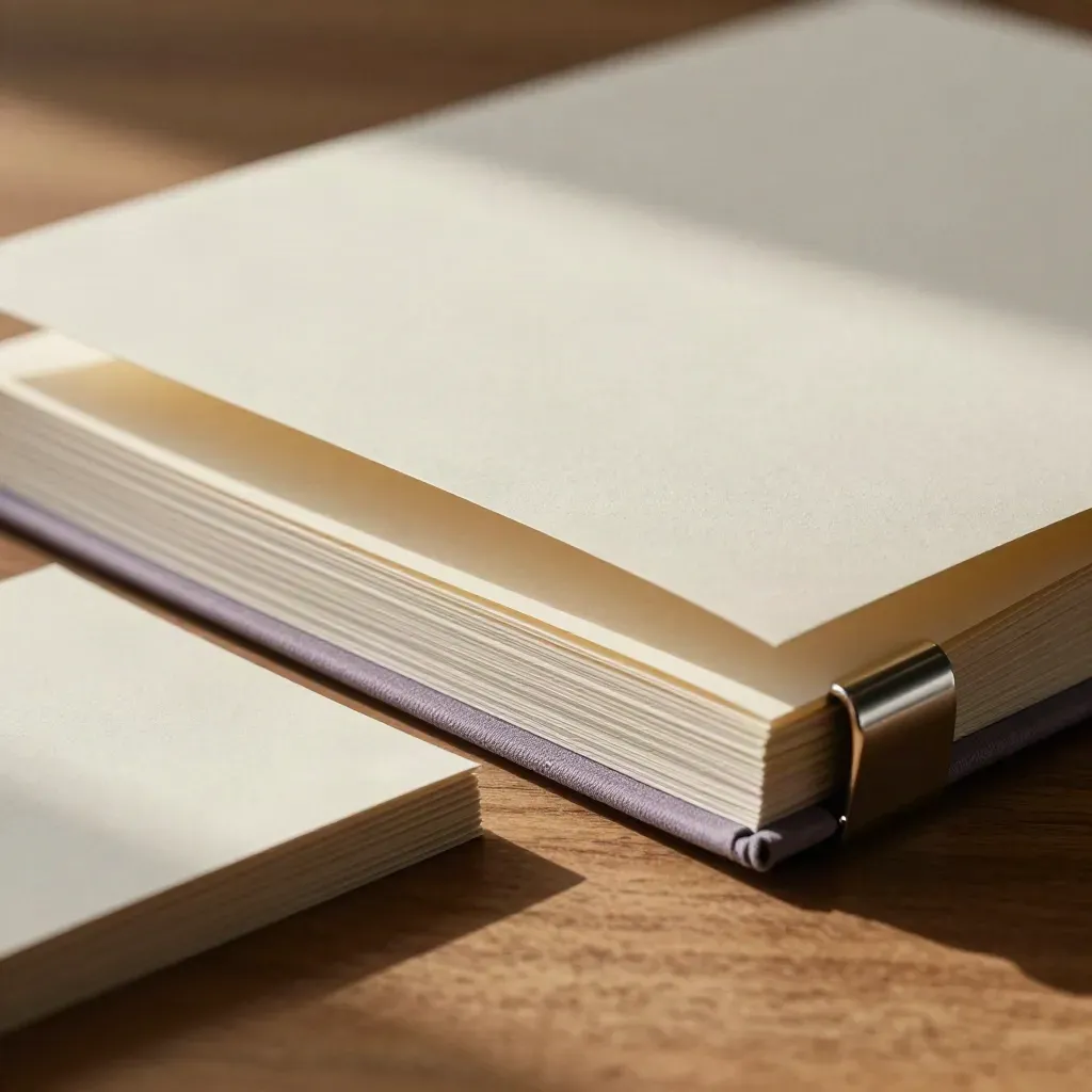 Open brand voice folio with paper stack, cloth divider and metal clip on walnut wood.