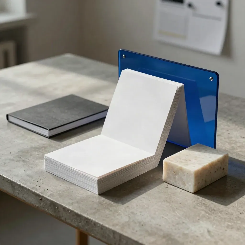 Stacked strategy cards, slim folder, and stone block in a modern consulting studio